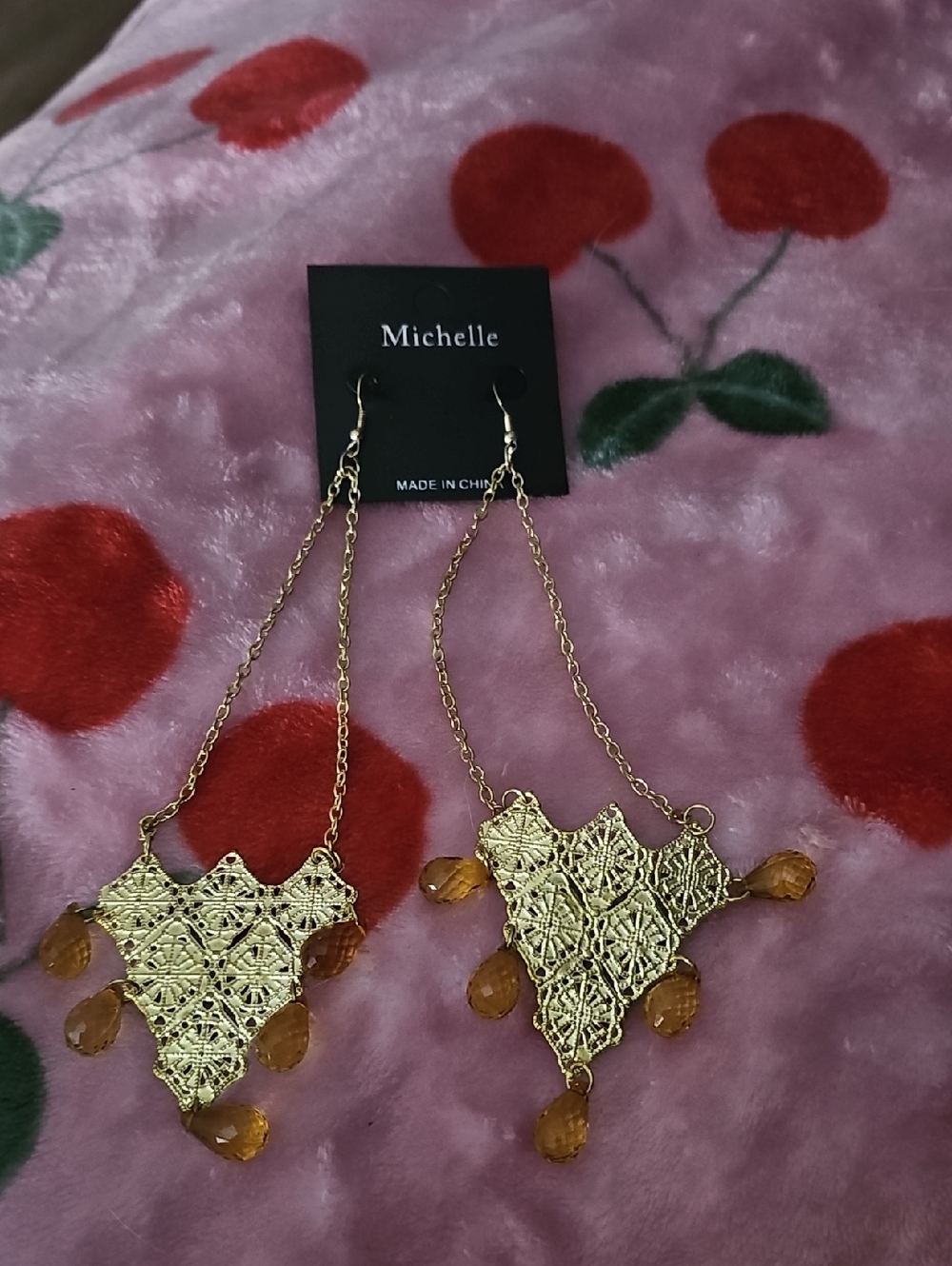 Michele Gold Filigree Drop Earrings with Amber Beads